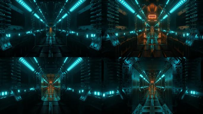 飞入宇宙飞船隧道，科幻宇宙飞船走廊。技术名称和背景的未来主义技术。网络流量图形，速度。3D渲染。无缝