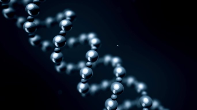 银分子的螺旋。抽象垂直旋转螺旋金属球在黑暗的被隔绝的背景。互连金属分子的循环遗传螺旋