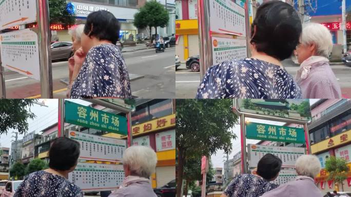 查看公交站线路牌的老太太公共汽车站牌