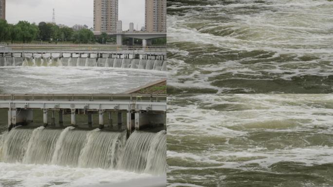 城市泄洪，水流产生泡沫，污染水，城市排水