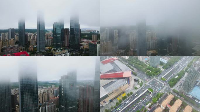雨雾中的广西南宁东盟商务区航拍交投大厦