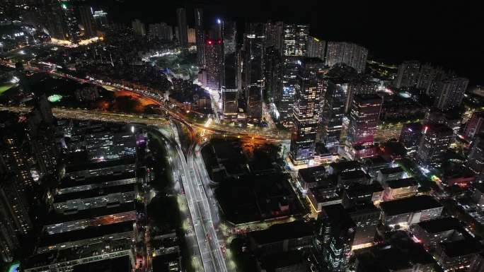 深圳福田区中洲湾建筑群夜景航拍