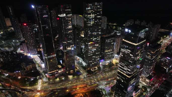 深圳福田区中洲湾建筑群夜景航拍