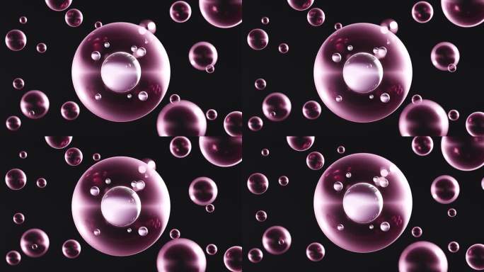 具有透明球状气泡和DNA链的抽象反光粉红背景3D动画
