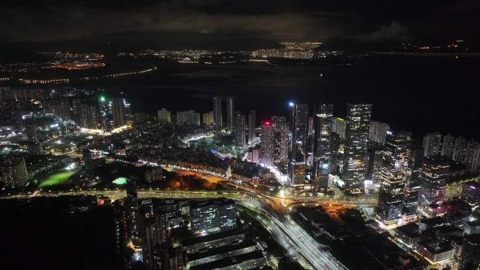 深圳福田区中洲湾建筑群夜景航拍