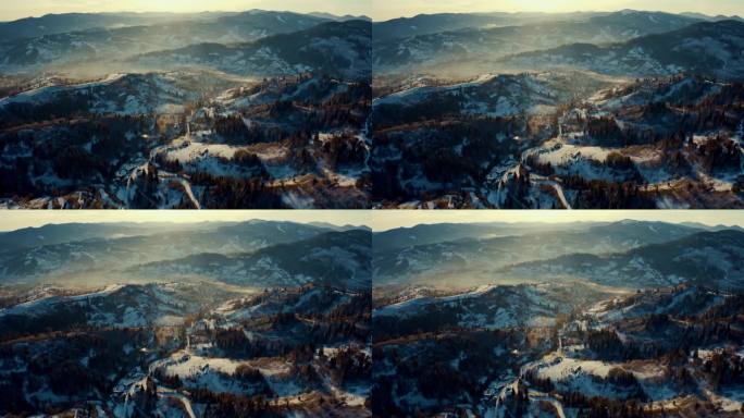 冬季山地的村庄鸟瞰，冬季喀尔巴阡山脉的日出，冬季山地的清晨鸟瞰，冬季山地的日出鸟瞰