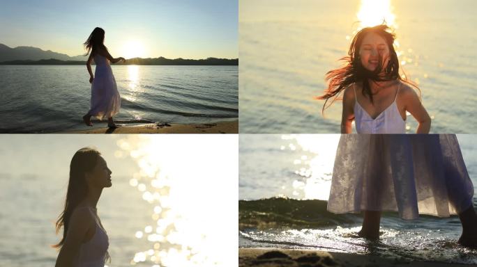 唯美美女海边沙滩游玩