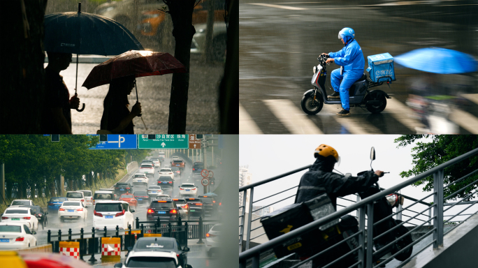 城市雨中车流行人，雨中穿行的电动车4k