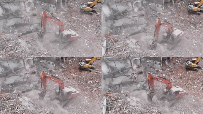 挖掘机拆迁旧城改造航拍