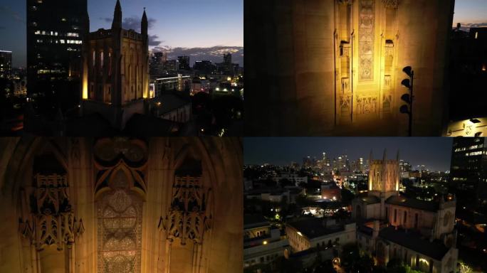 航拍洛杉矶公理会教堂日落夜景灯光