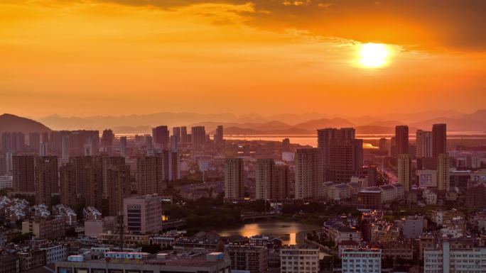 台州玉环市楚门镇日落转夜景航拍延时高楼