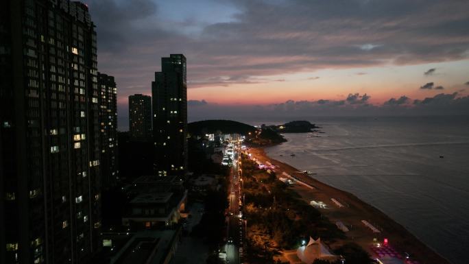 航拍威海国际海水浴场环海路海景壹号夜景