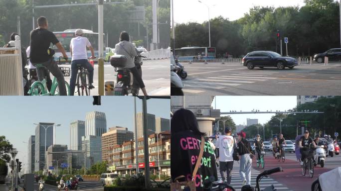 城市骑行打拼车流人文走路的人城市车流人流