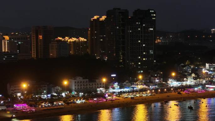 航拍威海国际海水浴场海信海景壹号夜景灯光