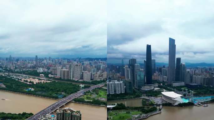 竖屏航拍广州城市建筑台风天多镜头