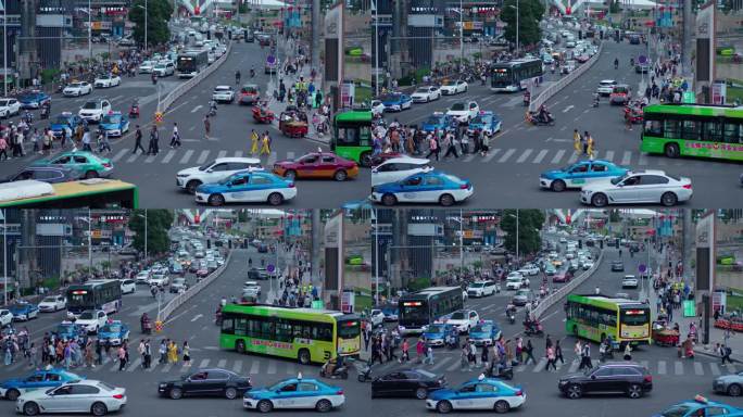 城市下班高峰期路口的车辆人群过马路斑马线