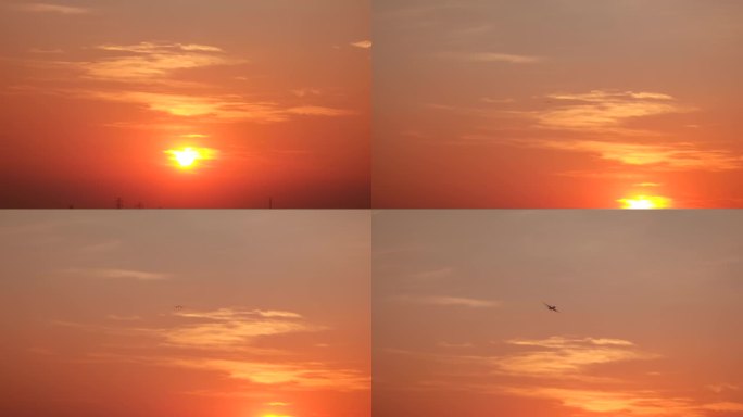 夕阳下飞机飞过