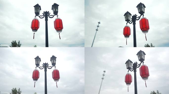 路灯上的中式红色灯笼