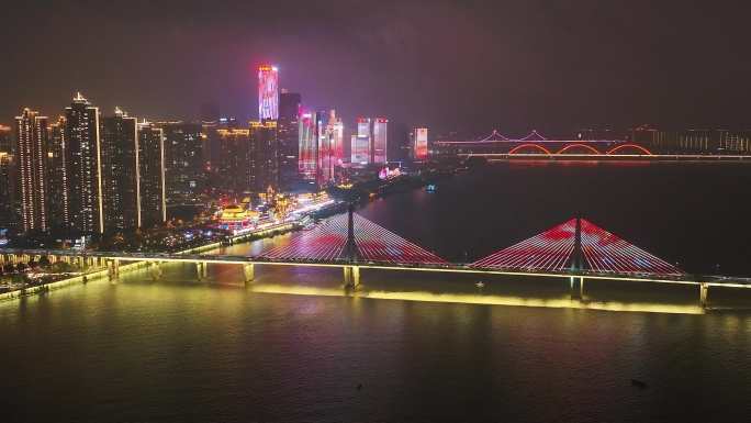 航拍长沙湘江大桥夜色阑珊处