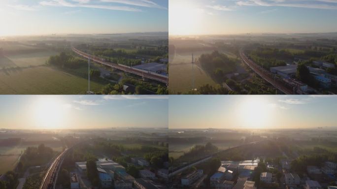 4k航拍列车驶过清晨的乡村