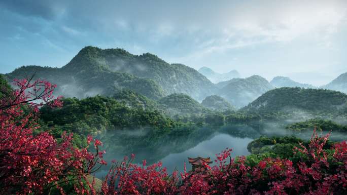 山峦云海桃花春天三维动画