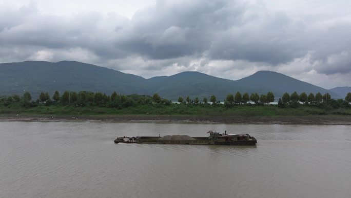 黄石阳新县富水河上的运沙船和飞翔的白鹭