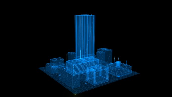 蓝色全息线框科技城市扫描3