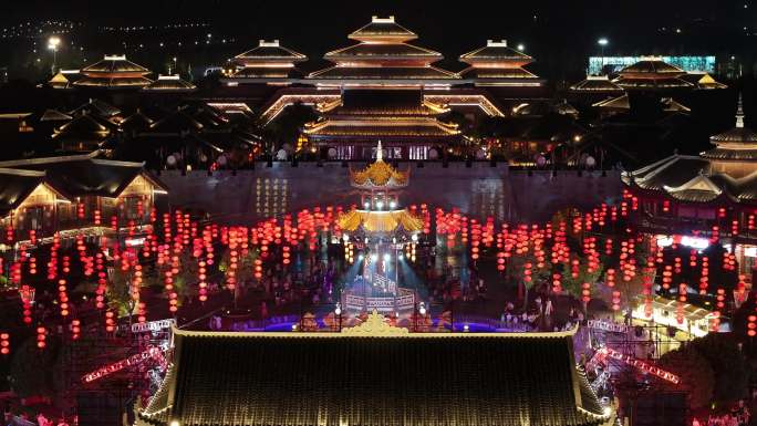 荆州方特节庆广场仿古建筑夜景航拍