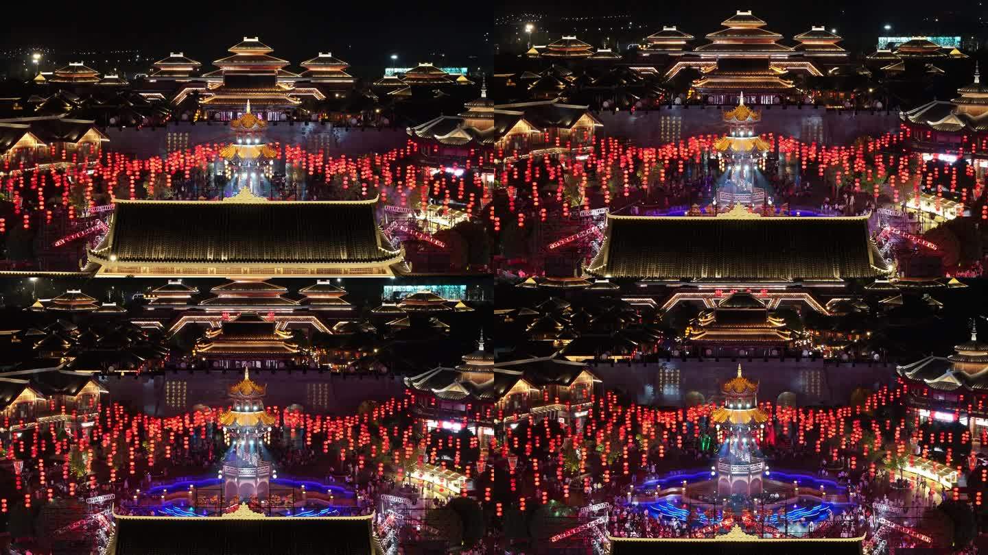 荆州方特节庆广场仿古建筑夜景航拍