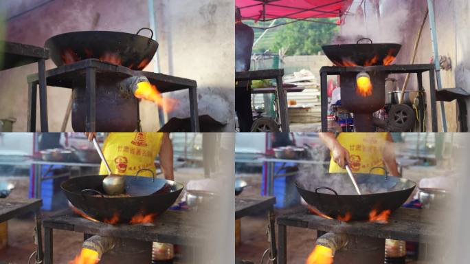 户外做大锅饭饭炒菜