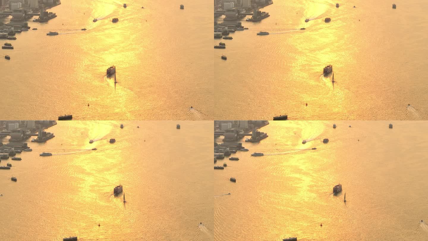 游船在金色的海面上航拍4K30P