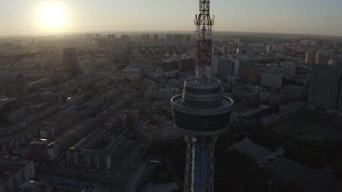 日落城市全景航拍