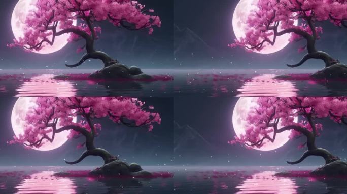 唯美桃树水面月亮背景循环