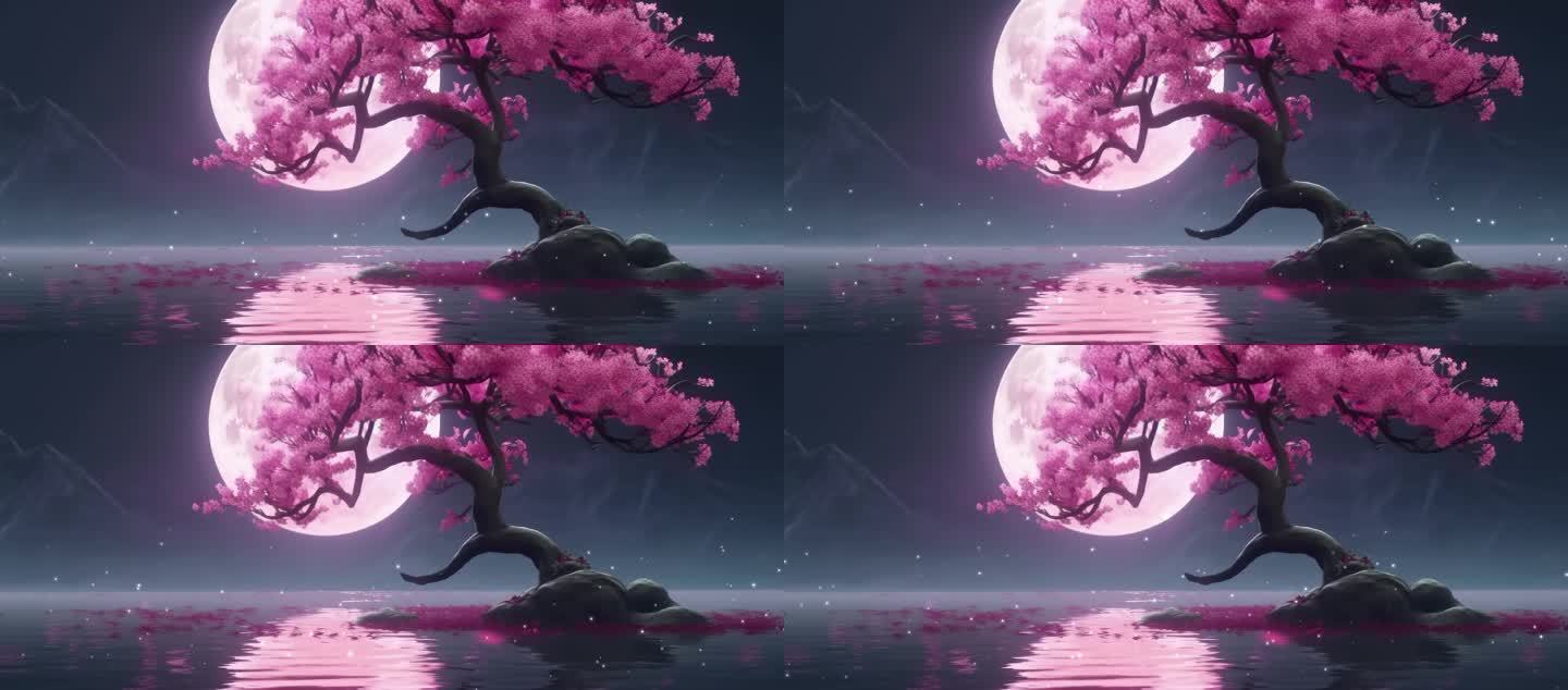 唯美桃树水面月亮背景循环
