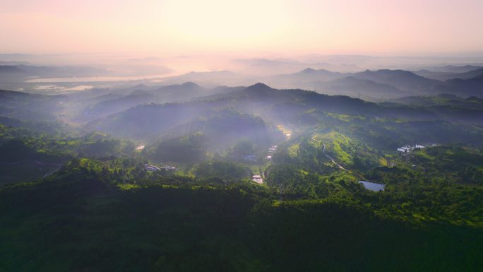 航拍四川盆地清晨农村晨雾