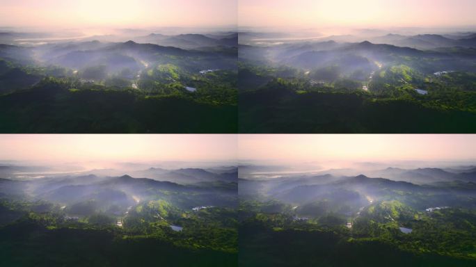 航拍四川盆地清晨农村晨雾