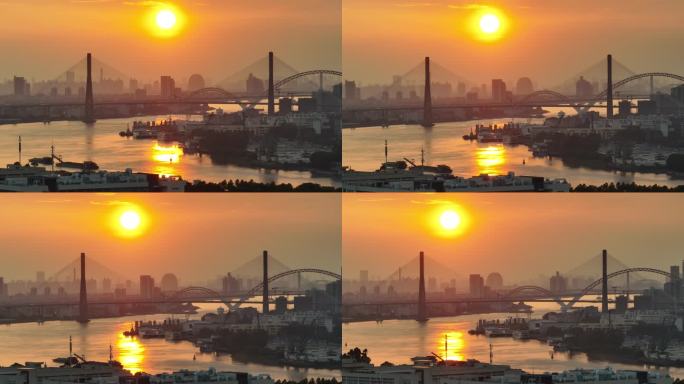 长焦航拍广州珠江两岸桥梁日落夕阳