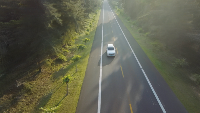 白色新能源汽车行驶在树林穿行沿海公路