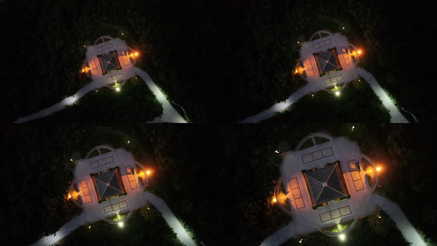 航拍俯瞰威海市高新区笔架山公园凉亭夜景