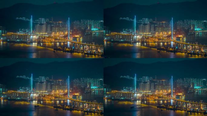 香港国际货运码头_昂船洲大桥夜景固定延时