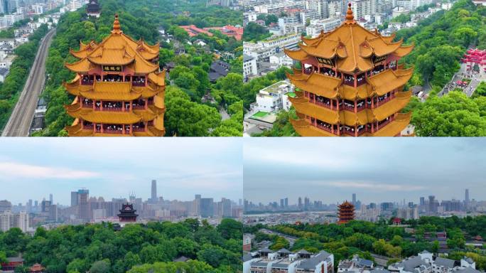 武汉黄鹤楼航拍湖北武昌区地标建筑城市风景