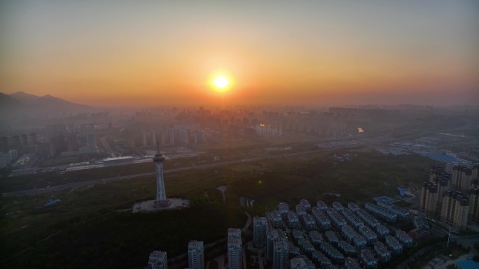 航拍中国高速万里纪念塔日出