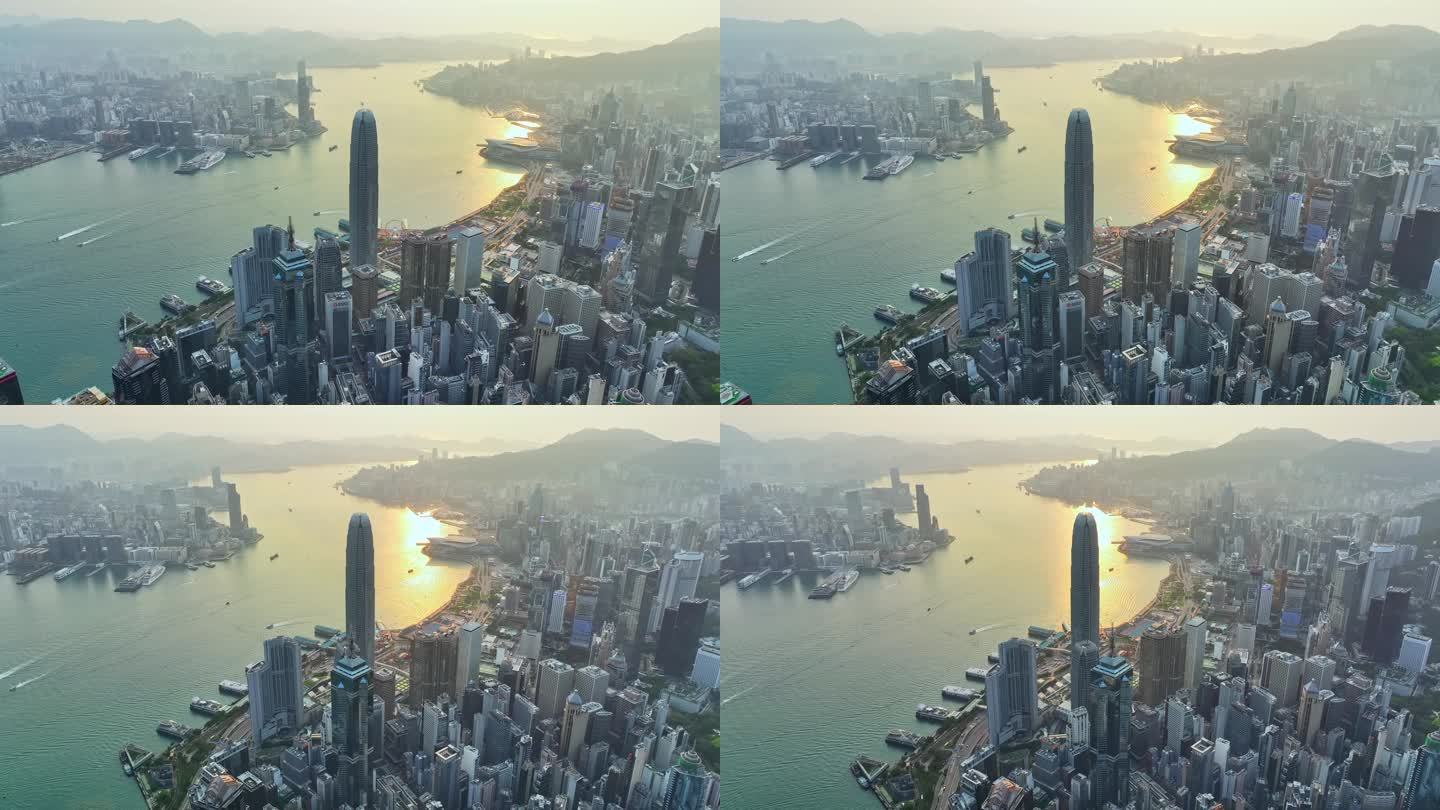 香港中景金色阳光洒在海面上航拍4K30P