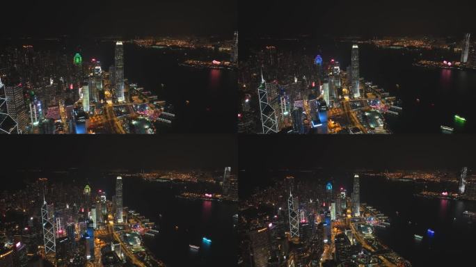 向后飞香港国际金融中心二期夜景航拍4K