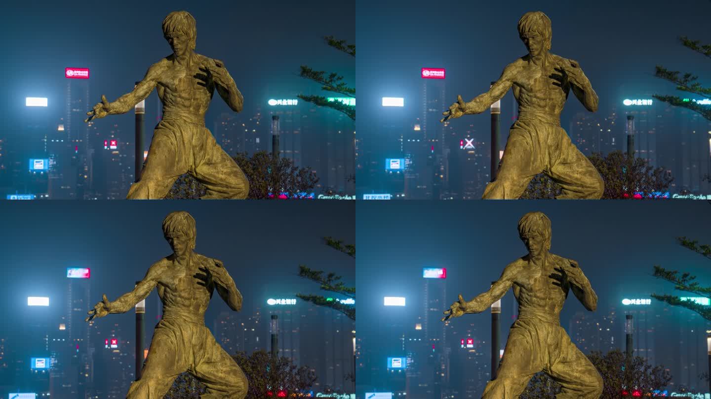 香港李小龙雕像夜景固定延时