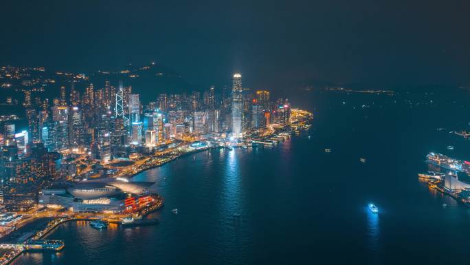 香港维多利亚港航拍夜景后移延时