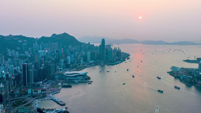 香港维多利亚港日落航拍后移延时