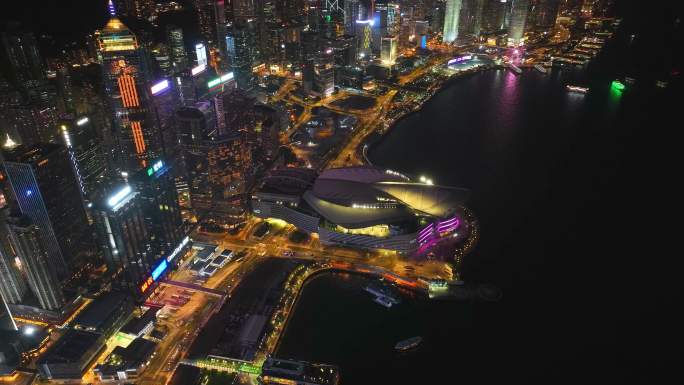 香港会展中心夜景航拍视频4K30P