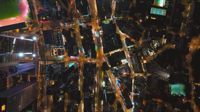 俯瞰香港城市密集建筑夜景航拍视频4K