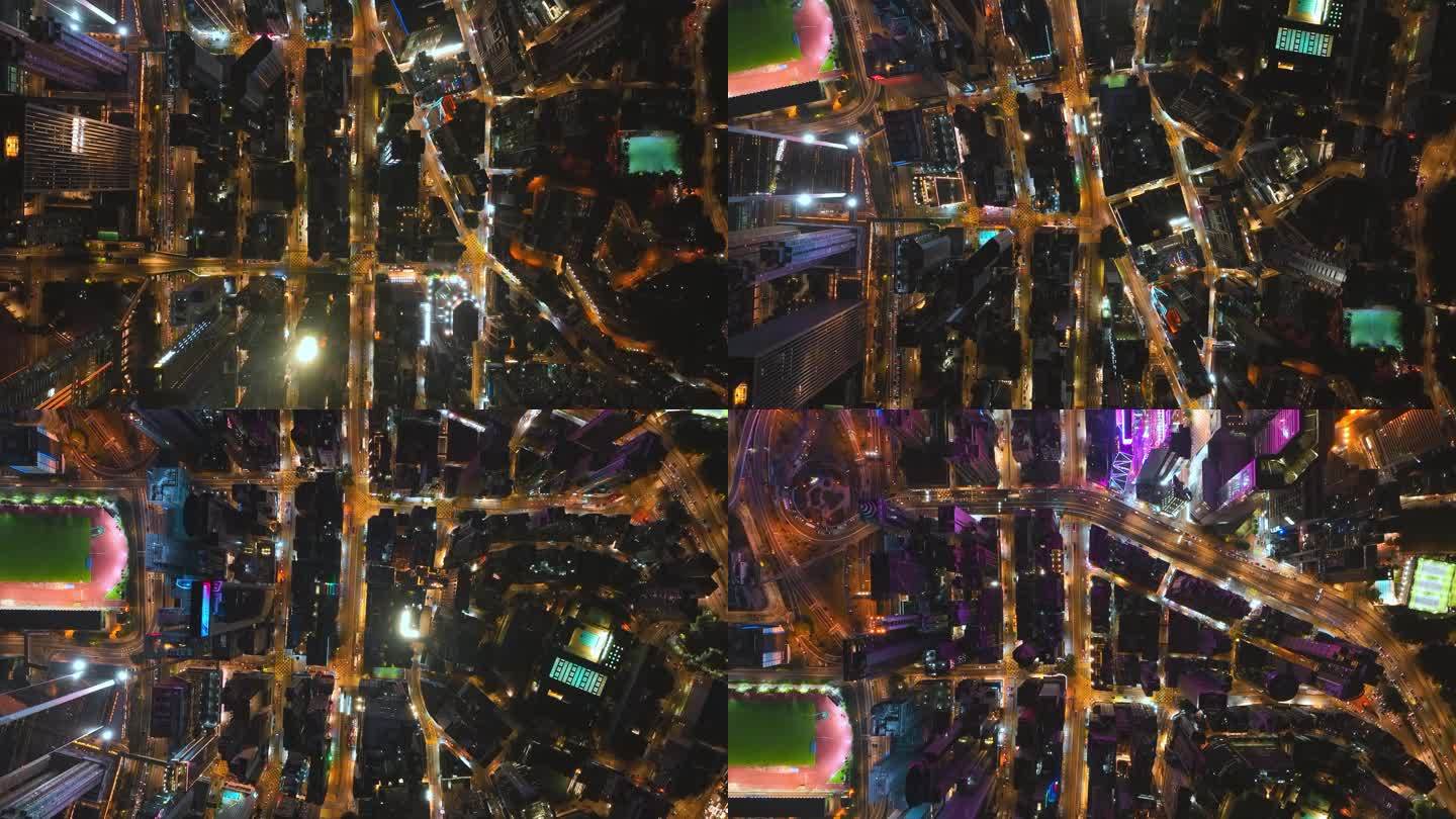 俯瞰香港城市密集建筑夜景航拍视频4K